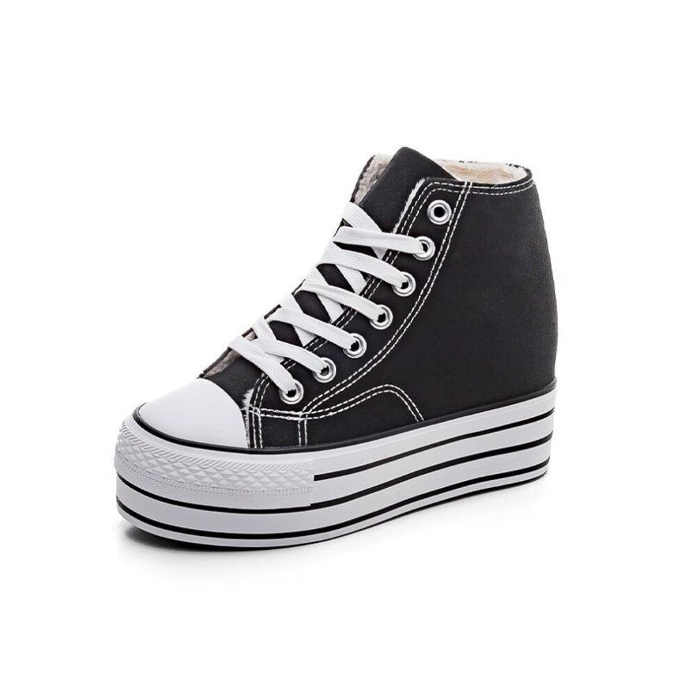 (black, 36) 2024 Women's Trendy 10cm Platform Canvas High-Top Shoes - Classic Korean Style Lace-Up Sneakers