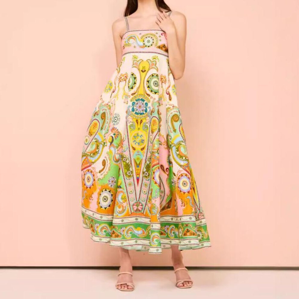 (S) European & American 2024 Summer Women's Graffiti Print Swing Dress With Sexy Spaghetti Straps