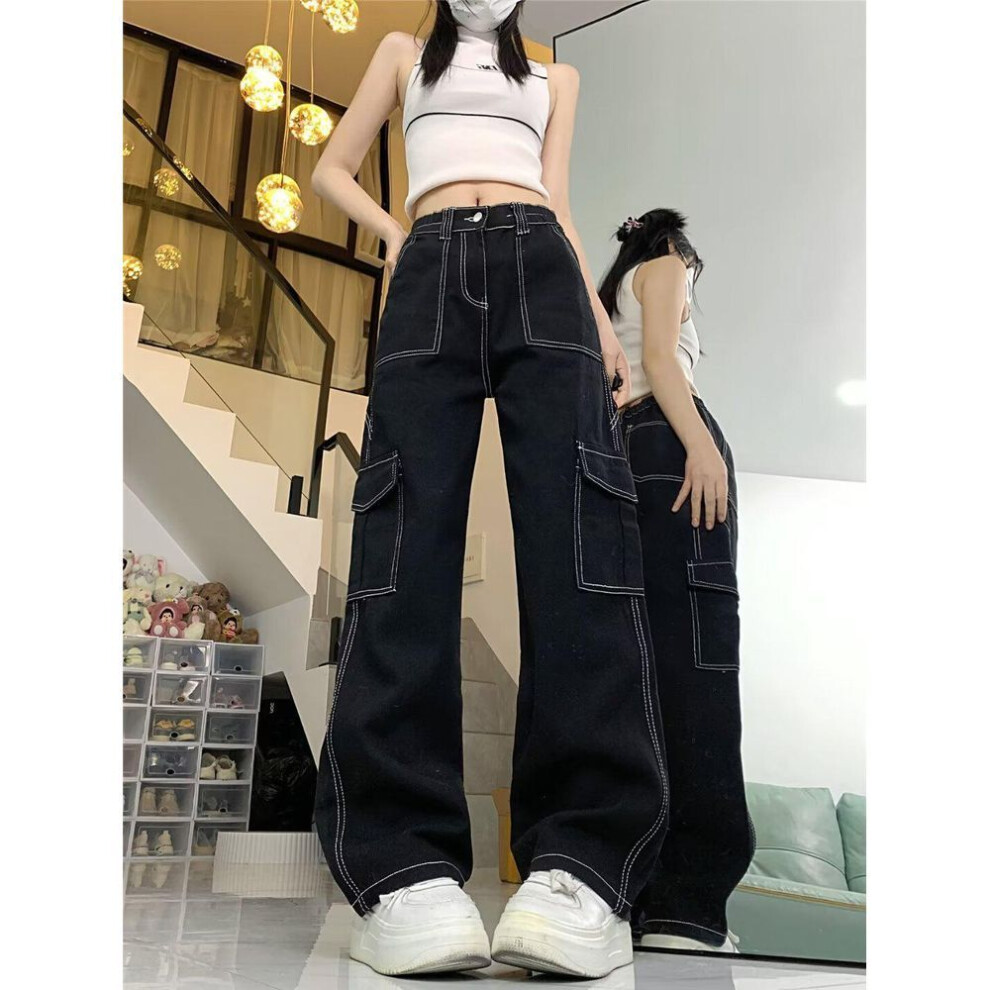 (black, XS) "2024 Summer High-waist Slim Girls' Workwear Jeans, Casual Wide-leg Straight Fit