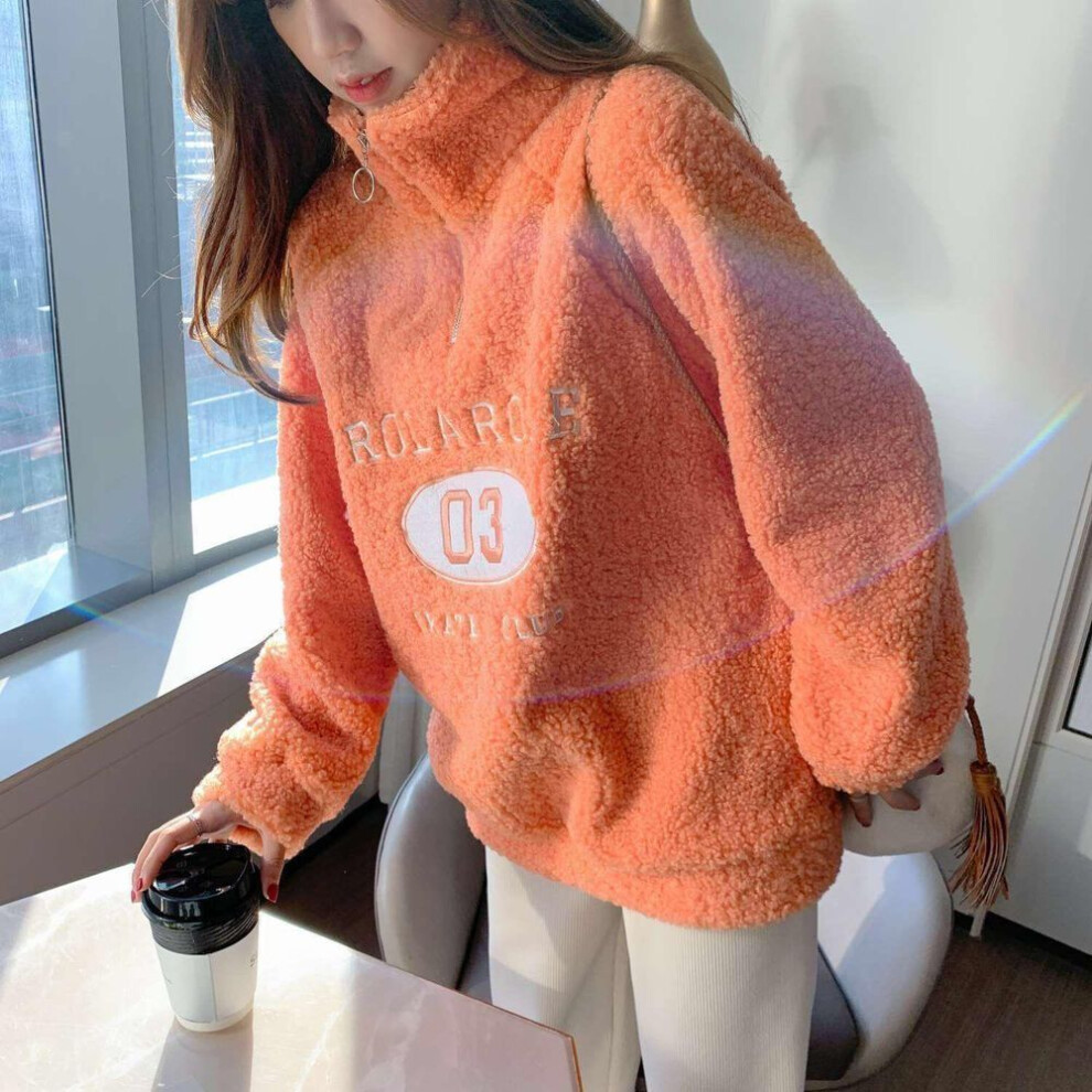 (orange, 2XL) Korean Style Women's Embroidered Lamb Plush Half-turtleneck Sweater With Plus Velvet, Thick, Warm, And Loose Fit In Large Sizes