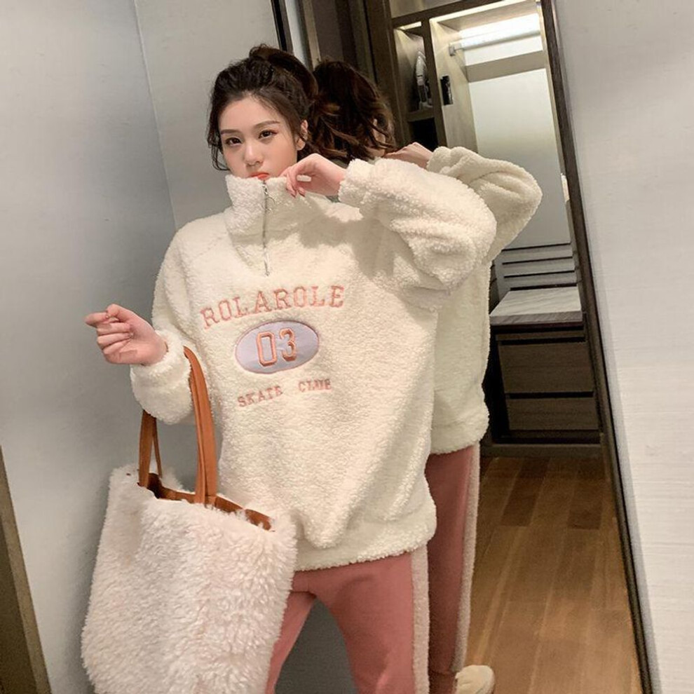 (white, 2XL) Korean Style Women's Embroidered Lamb Plush Half-turtleneck Sweater With Plus Velvet, Thick, Warm, And Loose Fit In Large Sizes