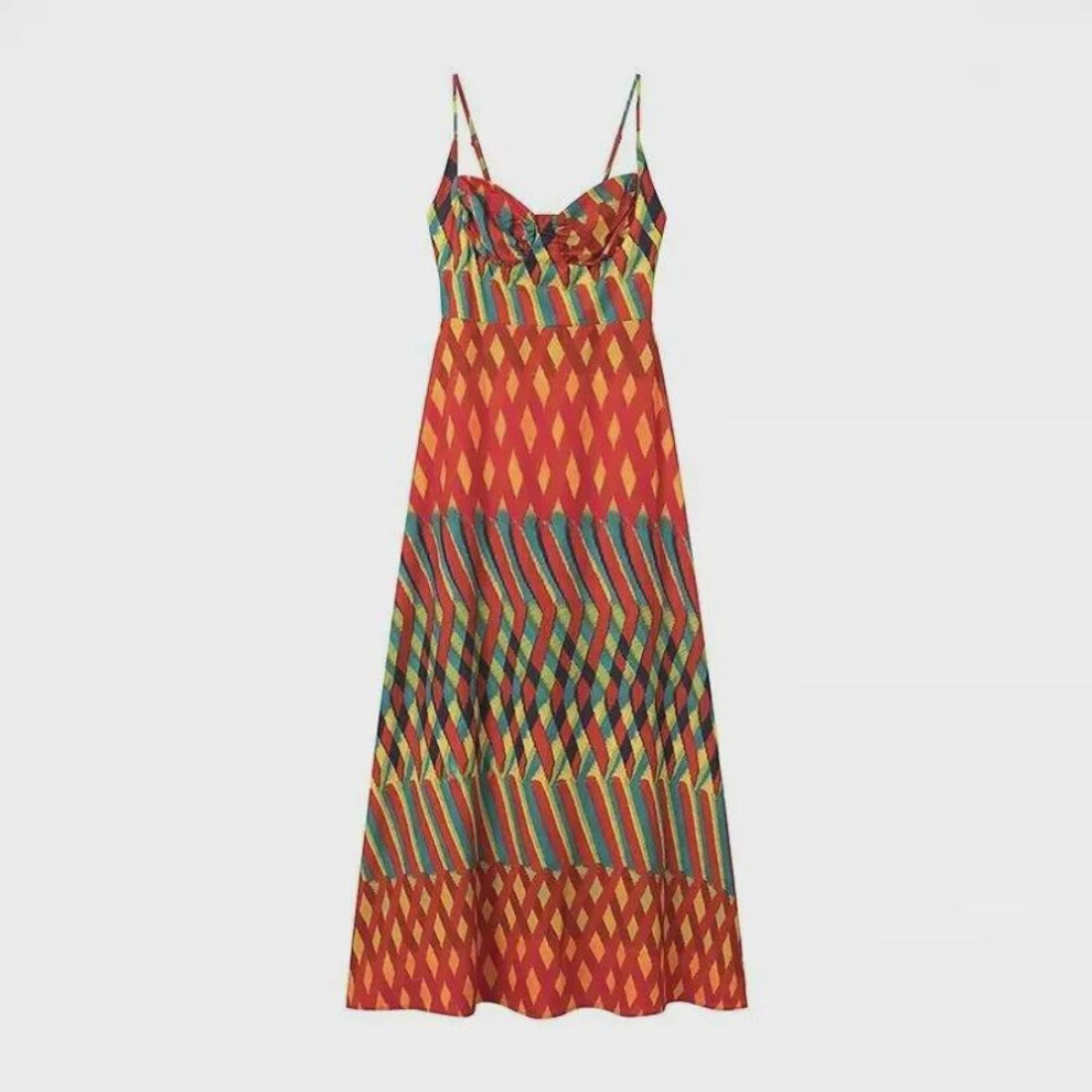 (S) "2024 Spring Hot Sale: European & American Women's Holiday Style Fashion Printed Suspender Dress