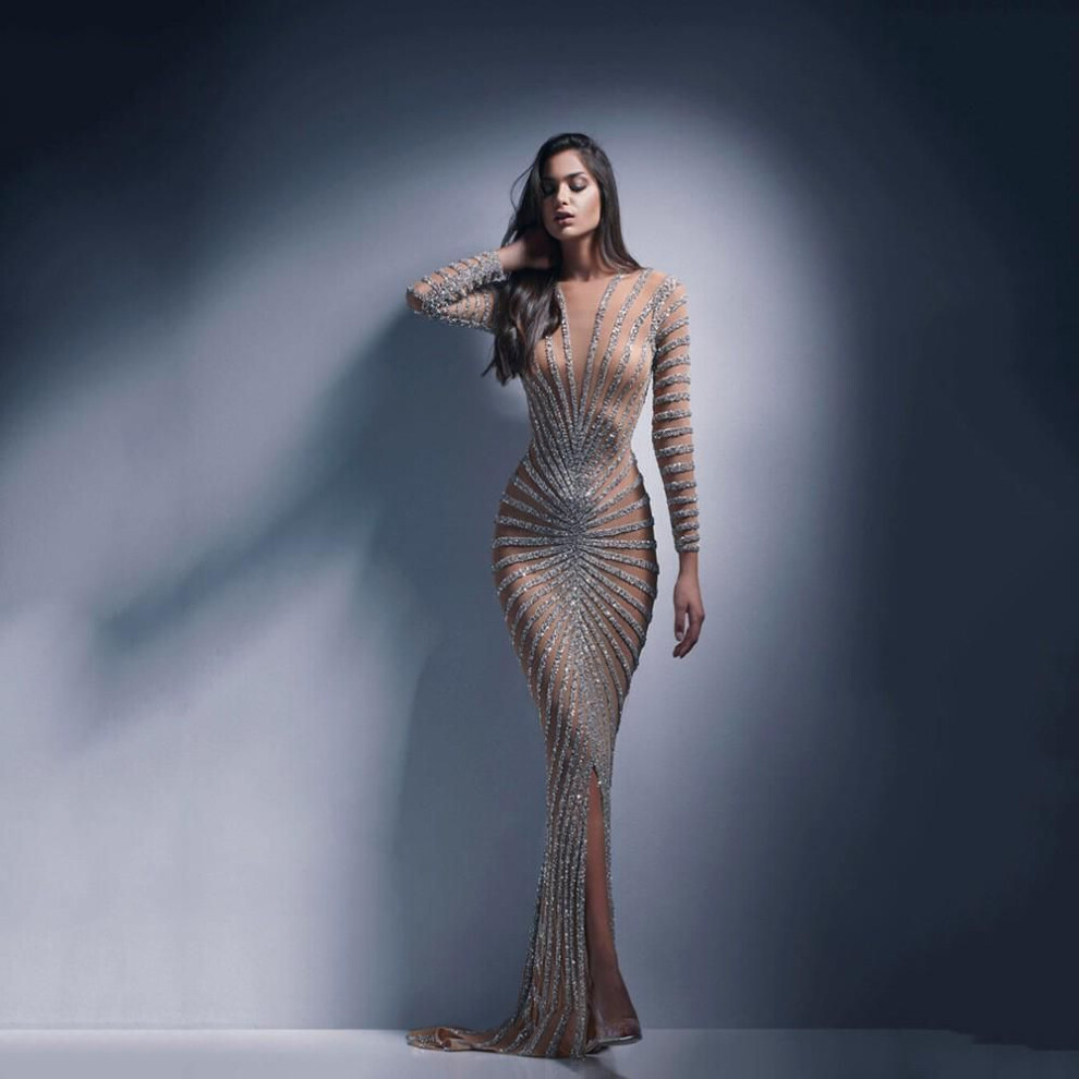 (silver, M) "2025 Spring European & American Fashion Diamante Mesh Evening Gown With Slit And Long Sleeves