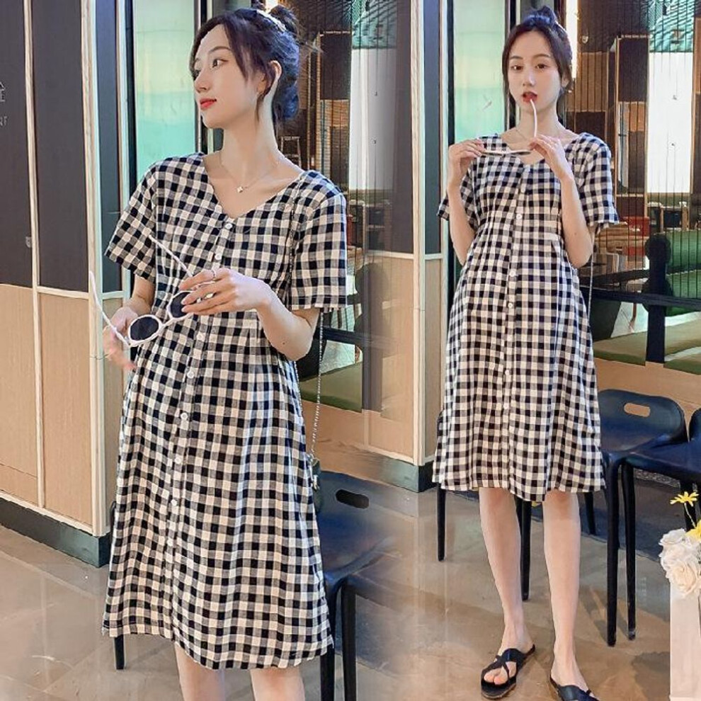 (L) "stylish Plaid V-neck Buttoned Maternity Dress - Loose Fit, Plus Size, For Summer