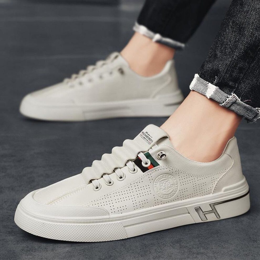 (apricot, 44) "men's 2025 Autumn Casual White Leather Slip-on Sneakers - Breathable, Versatile, Trendy Sports Shoes