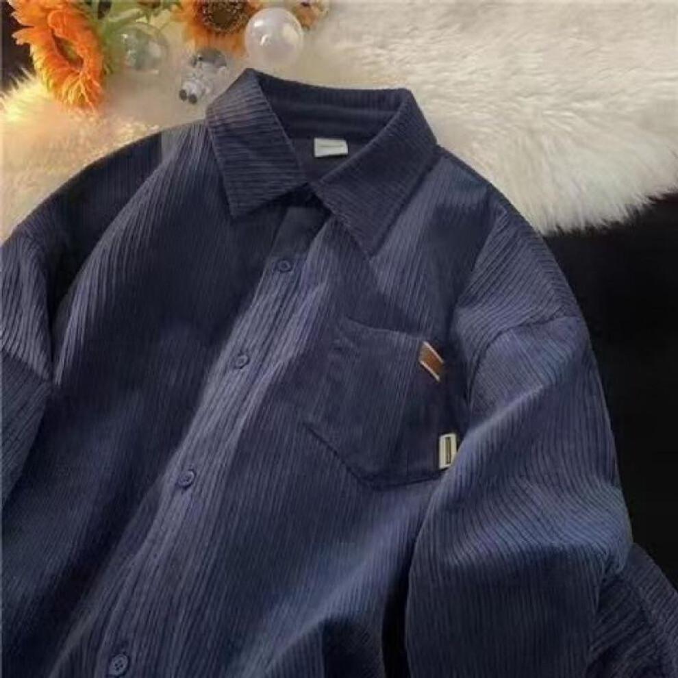 (navy blue, 2XL) Unisex Retro Corduroy Shirt - Long-Sleeve, Autumn Casual Jacket