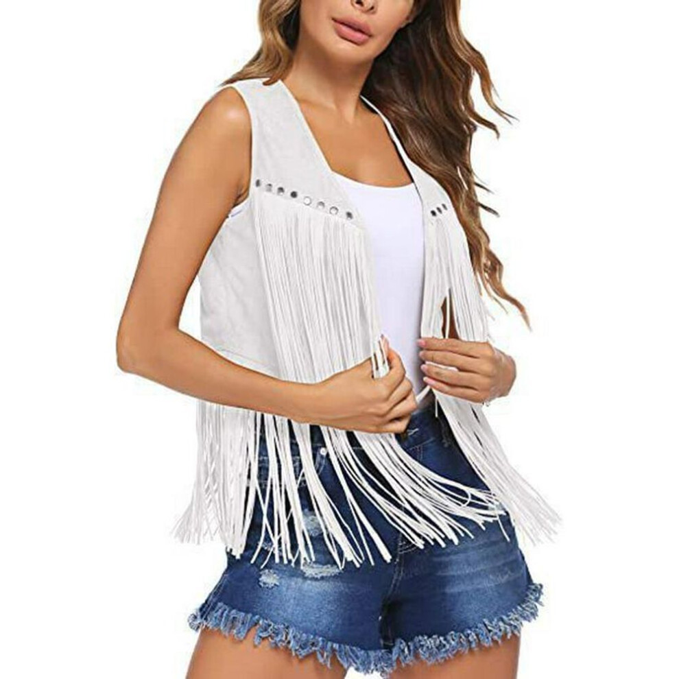 (white, S) "european And American Women's Suede Tassel Multi-nail Mid-length Vest Cardigan