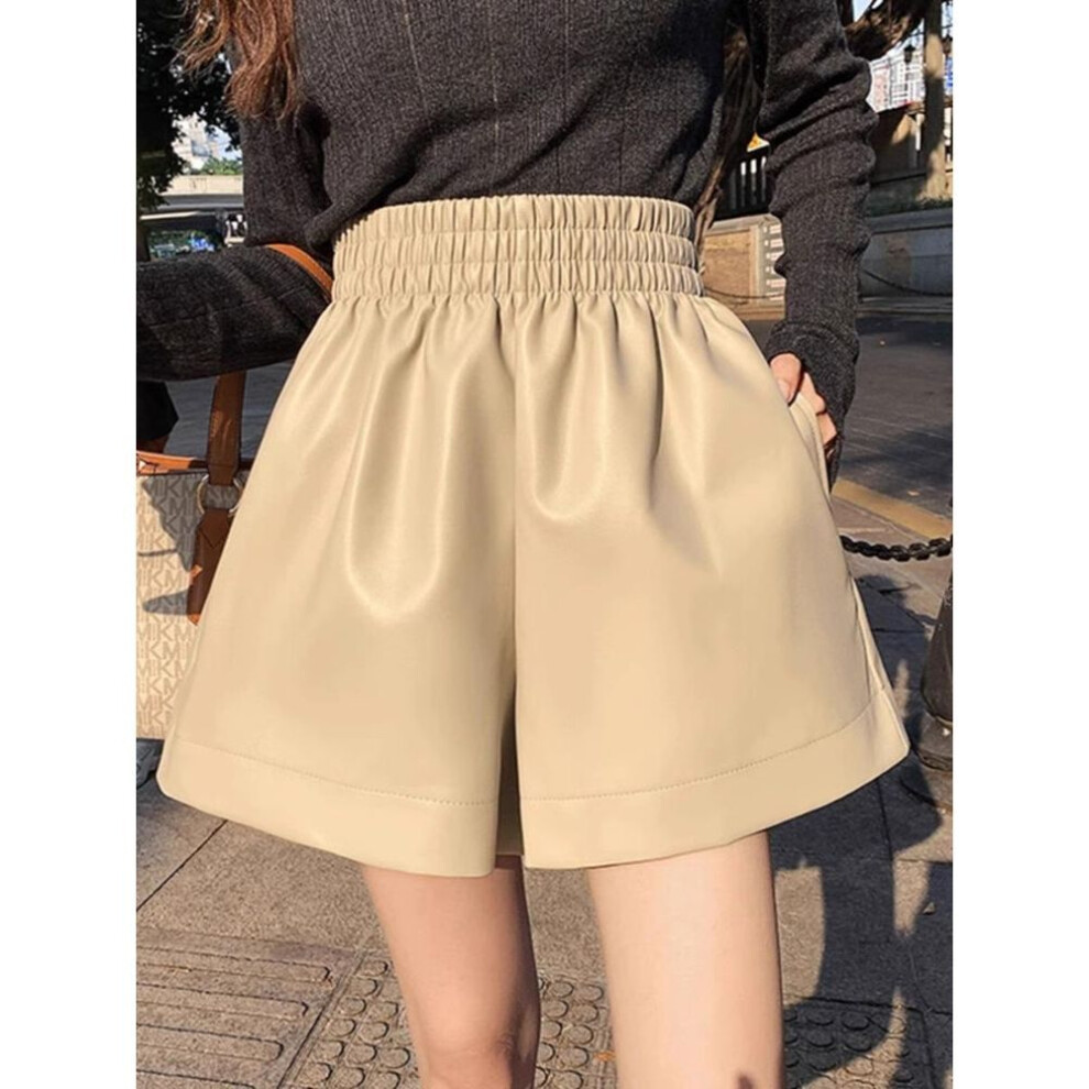 (beige, S) "2023 Autumn/Winter Women's High-Waist PU Leather A-Line Shorts: Fashionable, Loose-Fit, Wide-Leg Korean Style