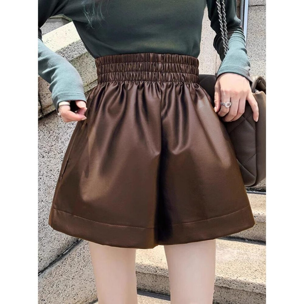 (coffee, XS) "2023 Autumn/winter Women's High-waist Pu Leather A-line Shorts: Fashionable, Loose-fit, Wide-leg Korean Style