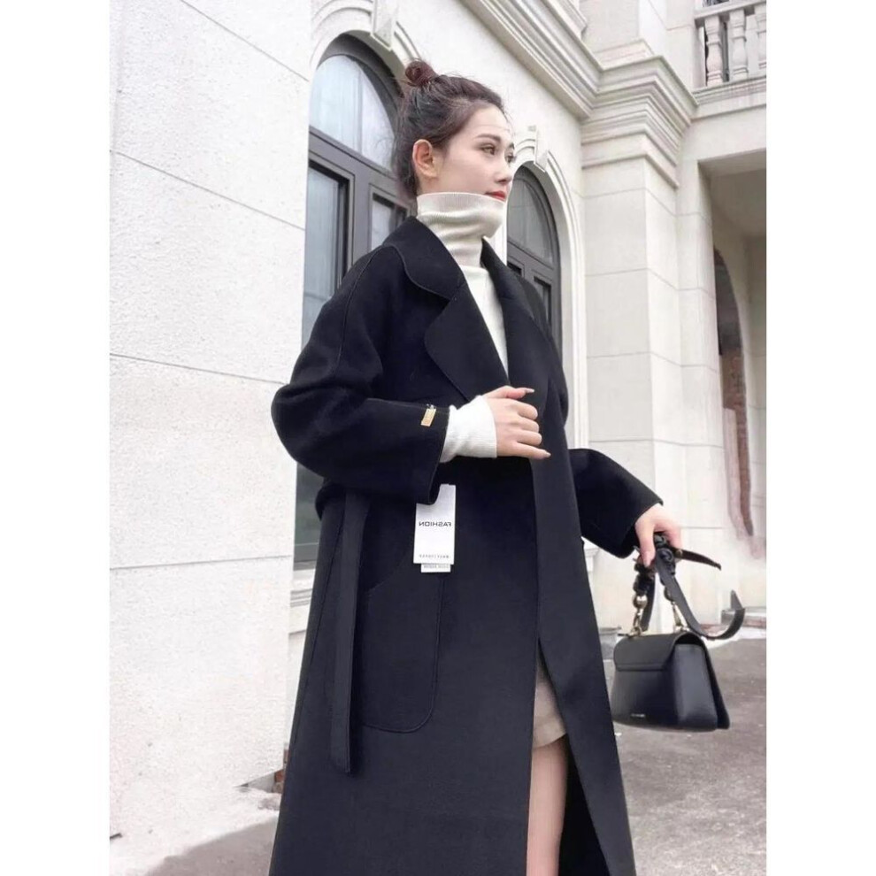(black, L) Double-Faced Velvet Wool Coat, Small Size, Versatile Mid-Length with Lapels, New Style.