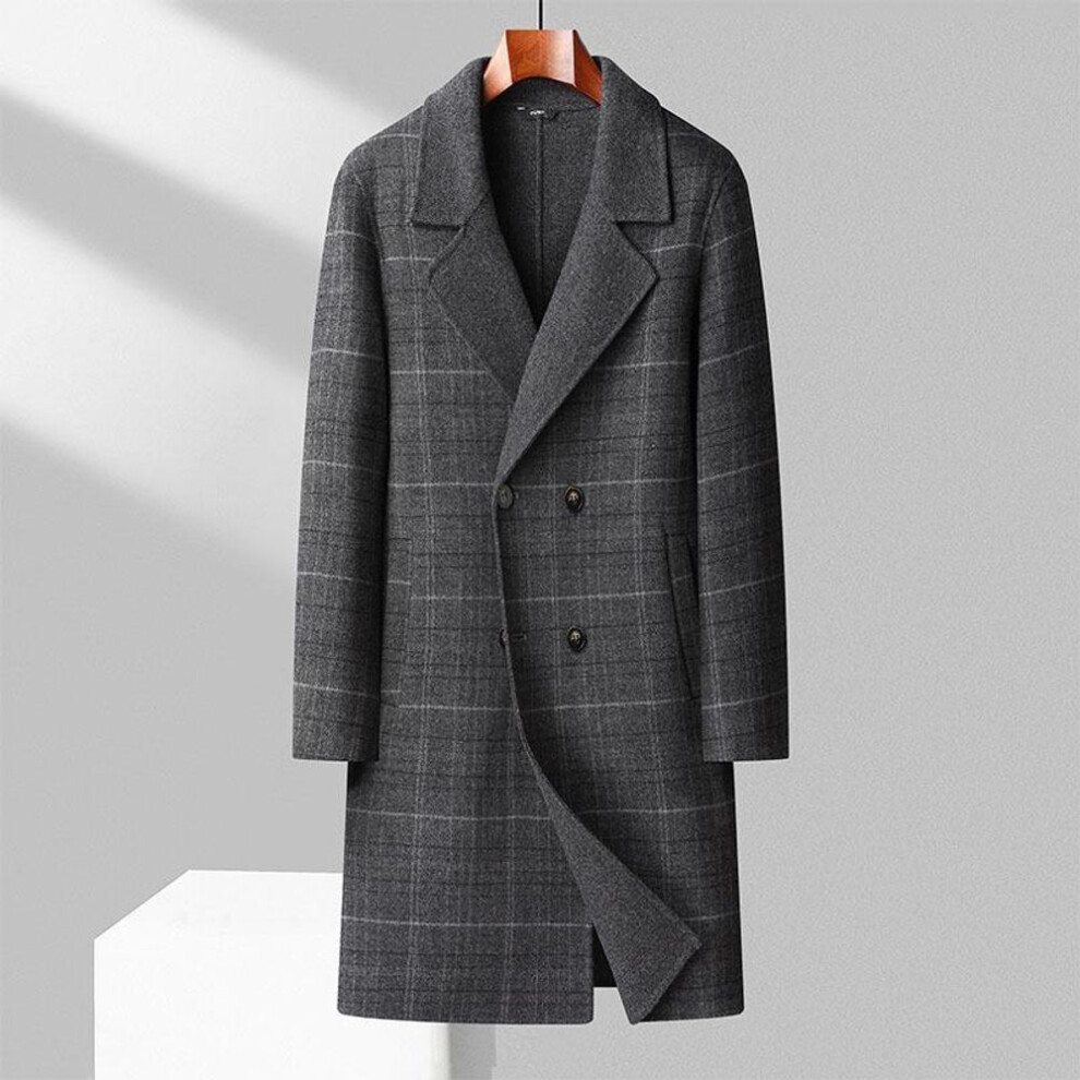 (gray, M) Men's Handmade Double-Faced Wool Plaid Over-the-Knee Coat - 2023 Double-Breasted Autumn/Winter Collection