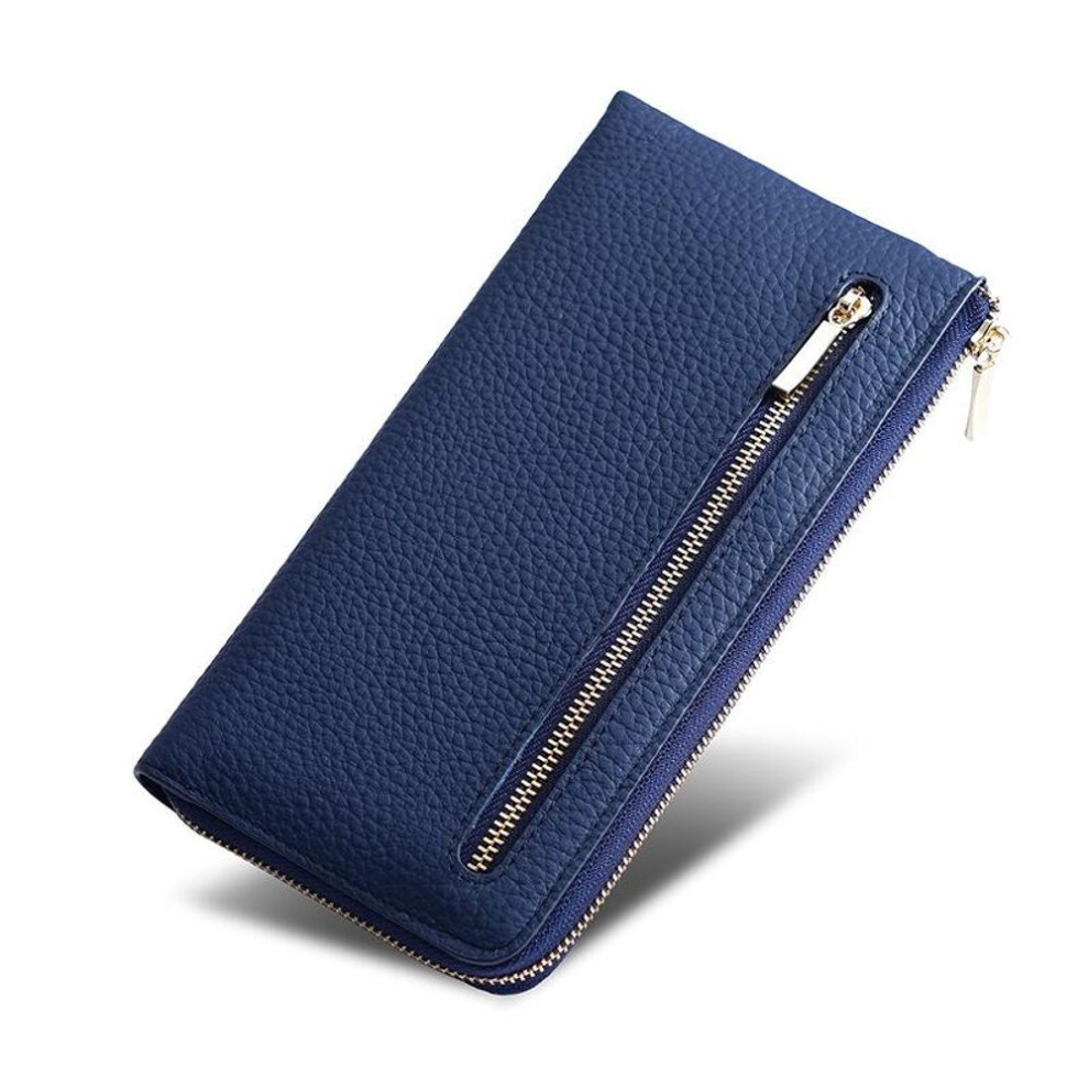 (blue) Women's Genuine Leather Rfid Wallet With Multi-card Slots & Zippered Coin Purse