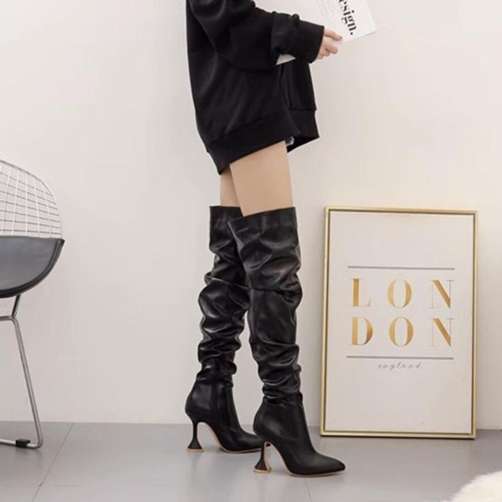 (black, 35) "2024 Winter Women's Stiletto Boots: Slimming, White, Pointed Toe, Wine Glass Heel, Knee High, Sizes 35-42