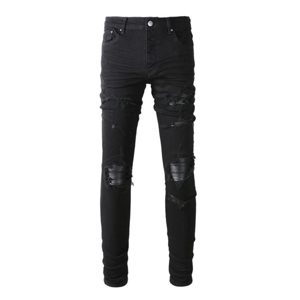 (black, 30) Retro Black Ripped Slim Fit Leather Hip Hop Men's Jeans