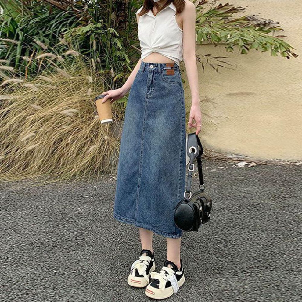 (Small) "High-Waist A-Line Mid-Length Denim Skirt with Leather Accents - Women's Designer Casual Wear
