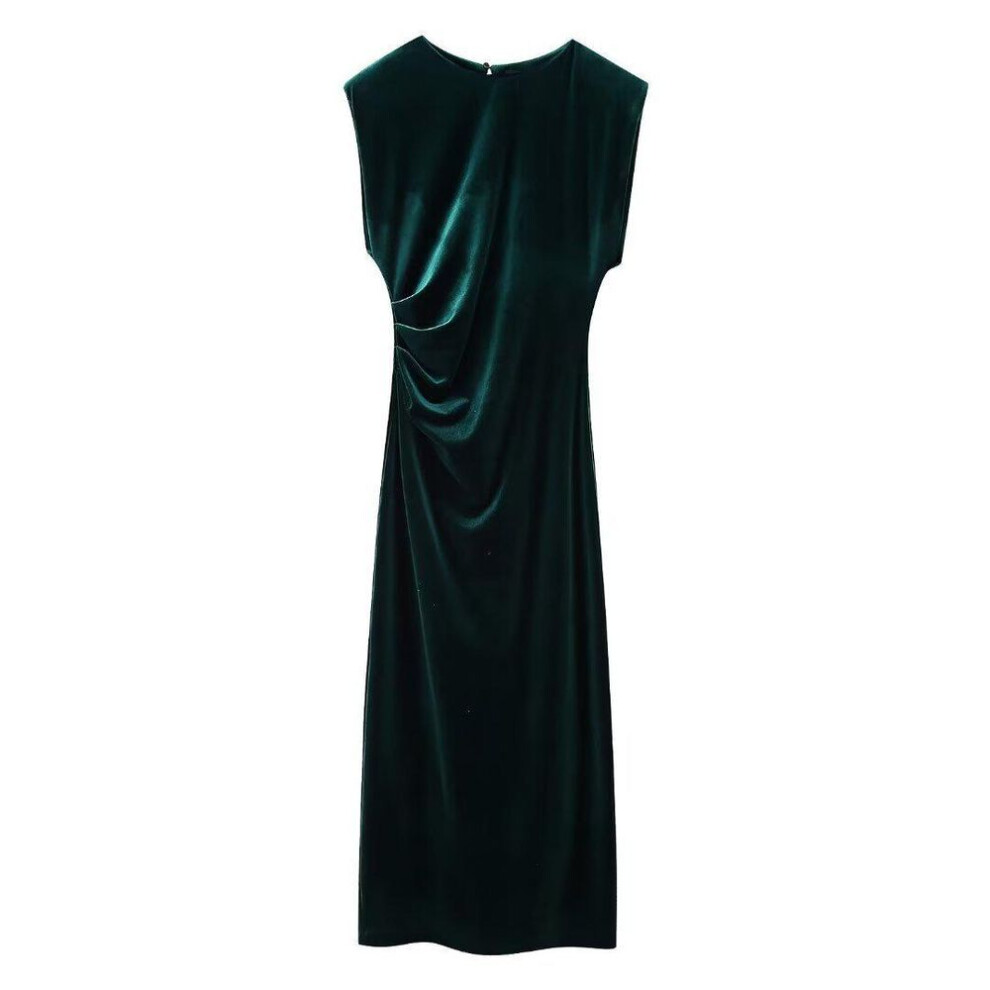 (L) "2023 Winter Women's Green Velvet Slit Midi Dress - European & American Style, Sleeveless, Round Neck