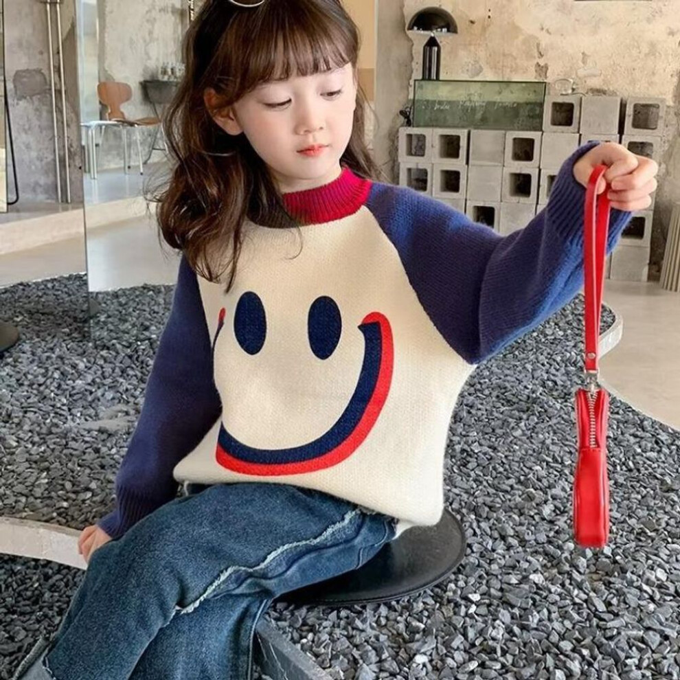 (navy blue, 130) Girls' Thick Knitted Pullover Sweater for Autumn/Winter 2023