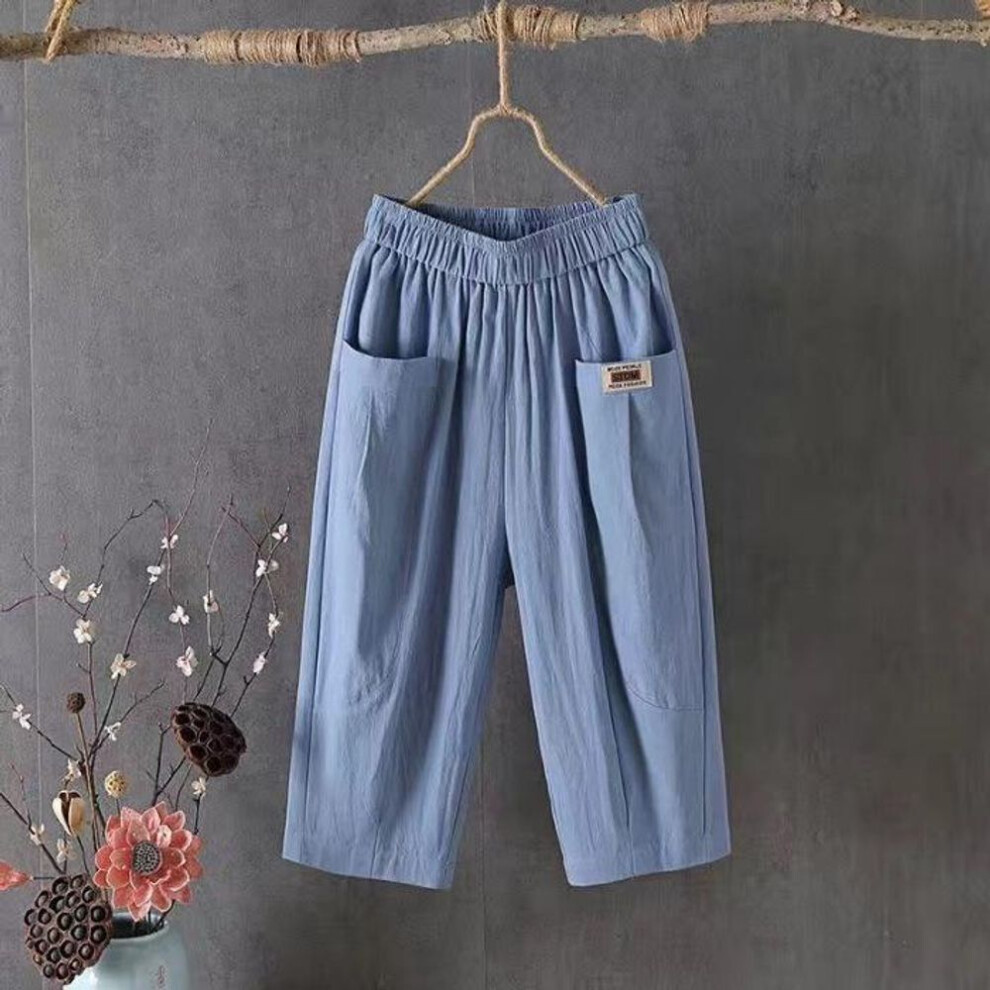 (blue, 4XL) Women's Summer Cotton-linen Elastic Waist Cropped Harem Pants - Loose, Large Size, Versatile, Casual 8207