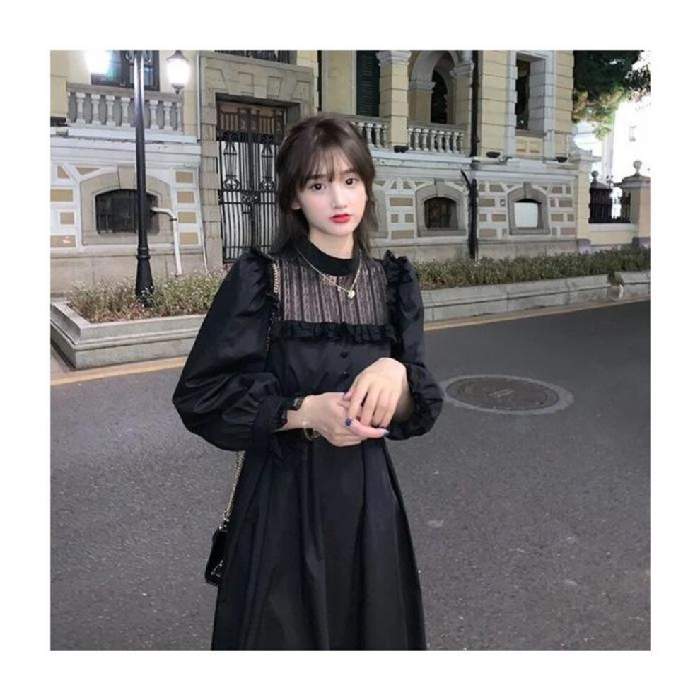 (black, L) "Women's 2025 Winter Korean Lantern Sleeve Lace Splicing Long Dress
