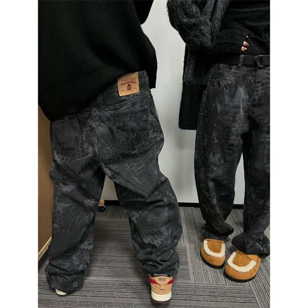 (black, S) "vintage Wasteland Snake Pattern Camouflage Wide-leg Jeans - Men's Retro Leopard Print Pants
