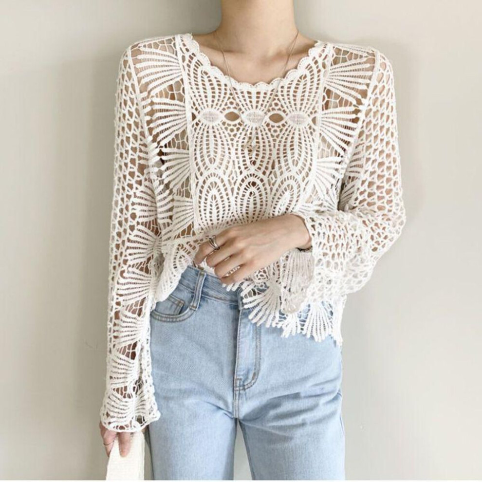 (white, Small) "2023 Fresh & Sweet Lace Chiffon Blouse - Long-Sleeved, Hollow Design, Cute & Stylish