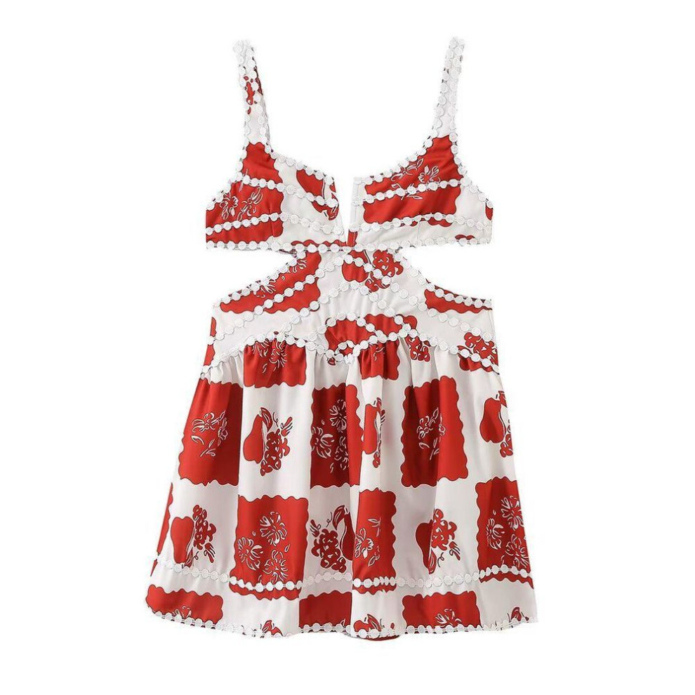 (Medium) "Women's Bohemian Retro Suspender Dress - Summer Waist Hollow Short Skirt