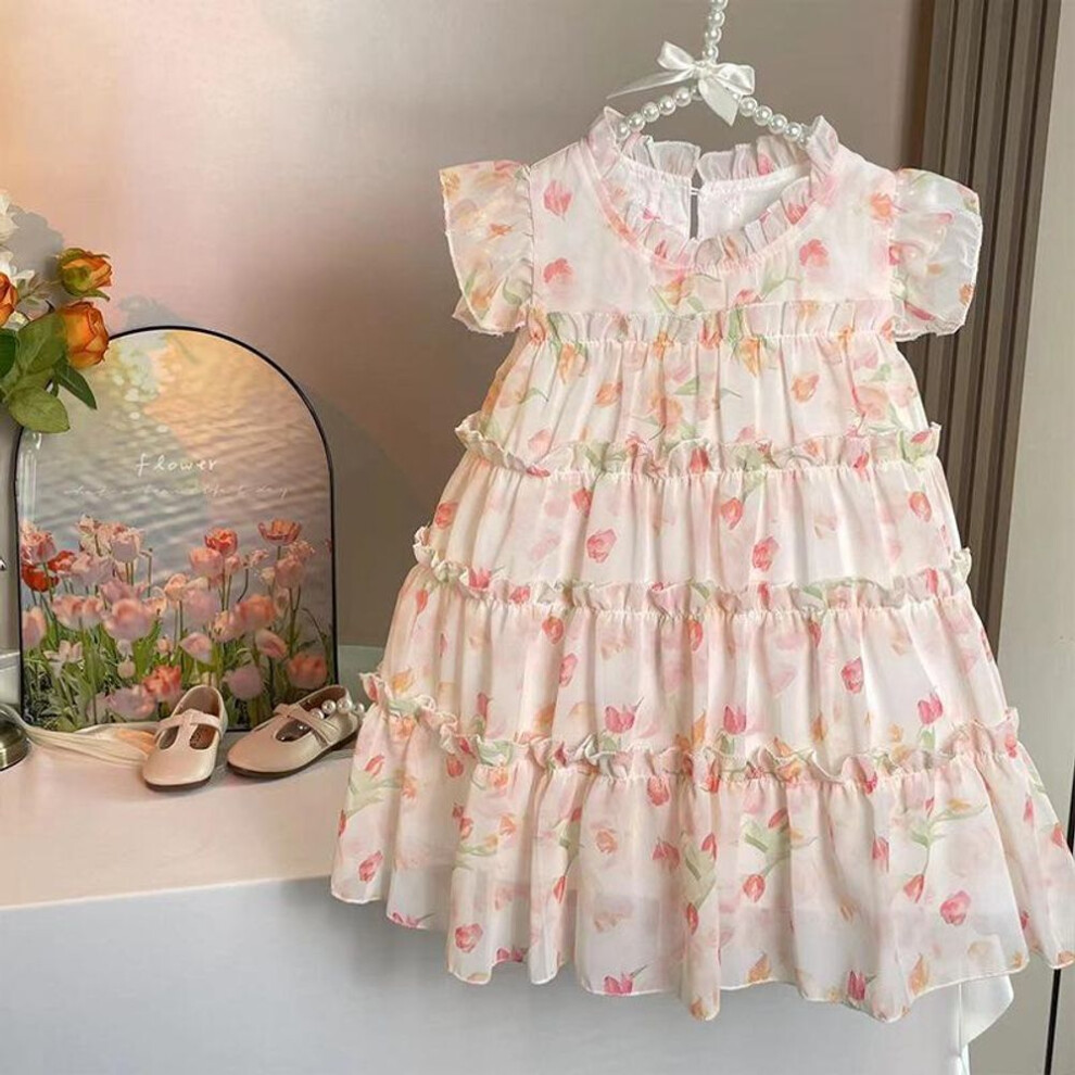 (90cm) 2024 Summer Floral Princess Dress for Girls: Fashionable Fairy Dress for Toddler and Youth