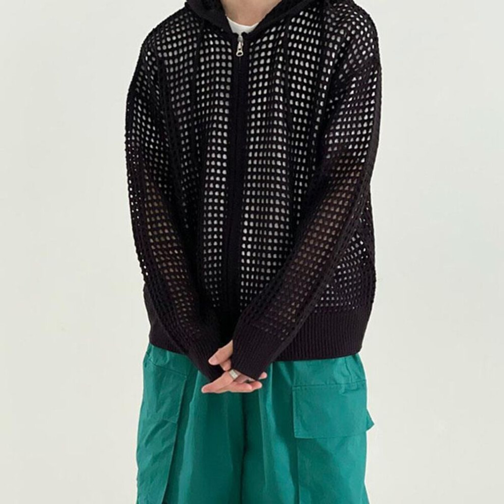(black, M) "Korean Style Men's Autumn Knitted Cardigan: Long-Sleeve Sun Protection Sweater for Outdoors