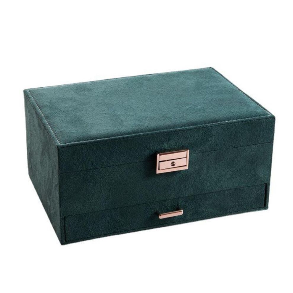 Dark Green Suede Jewelry Box - Large Capacity, Three-layer Storage For Rings, Earrings, Bracelets, And Watches