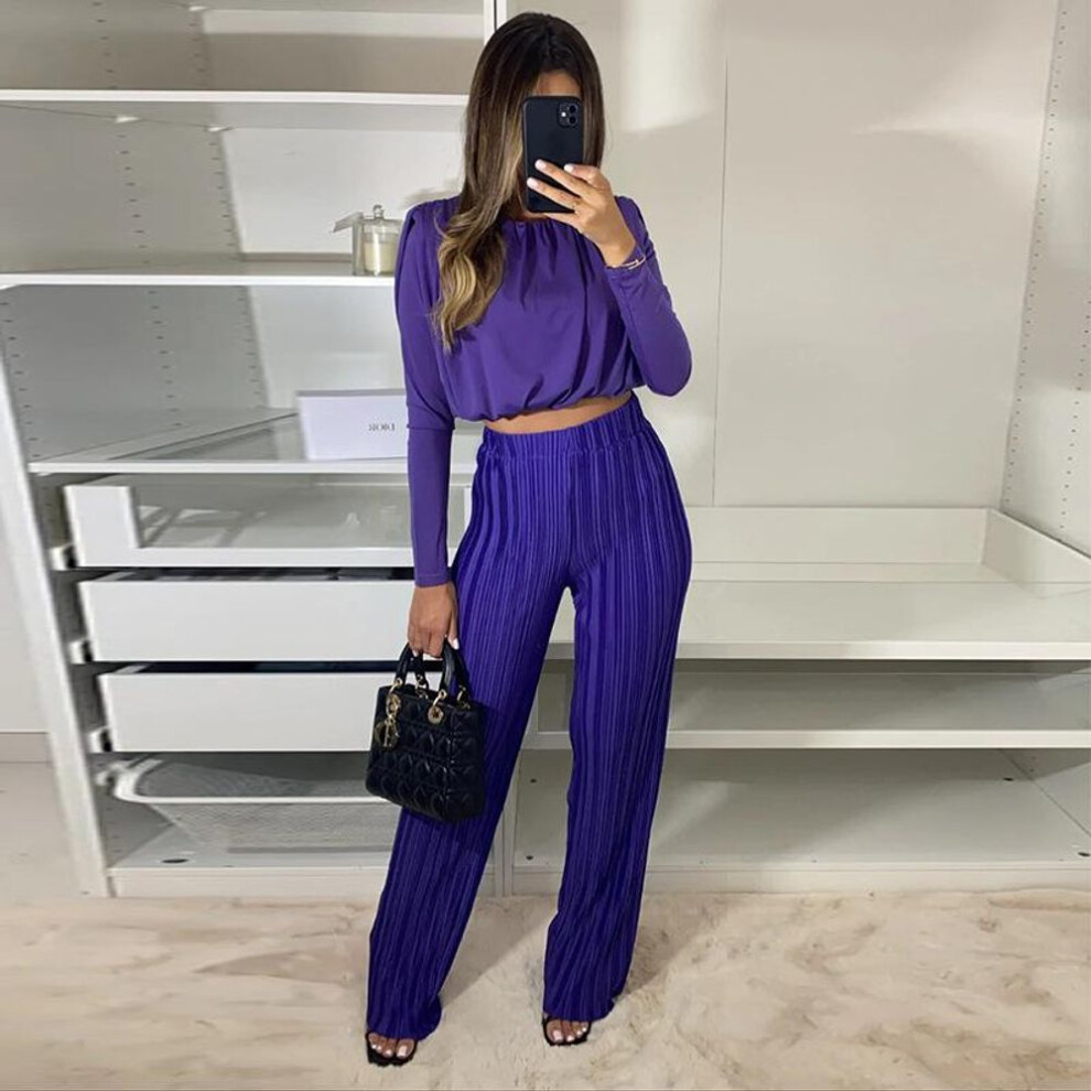 (dark blue, Extra Large) "2025 Spring Women's Round Neck Top & Pleated High Waist Trouser Set
