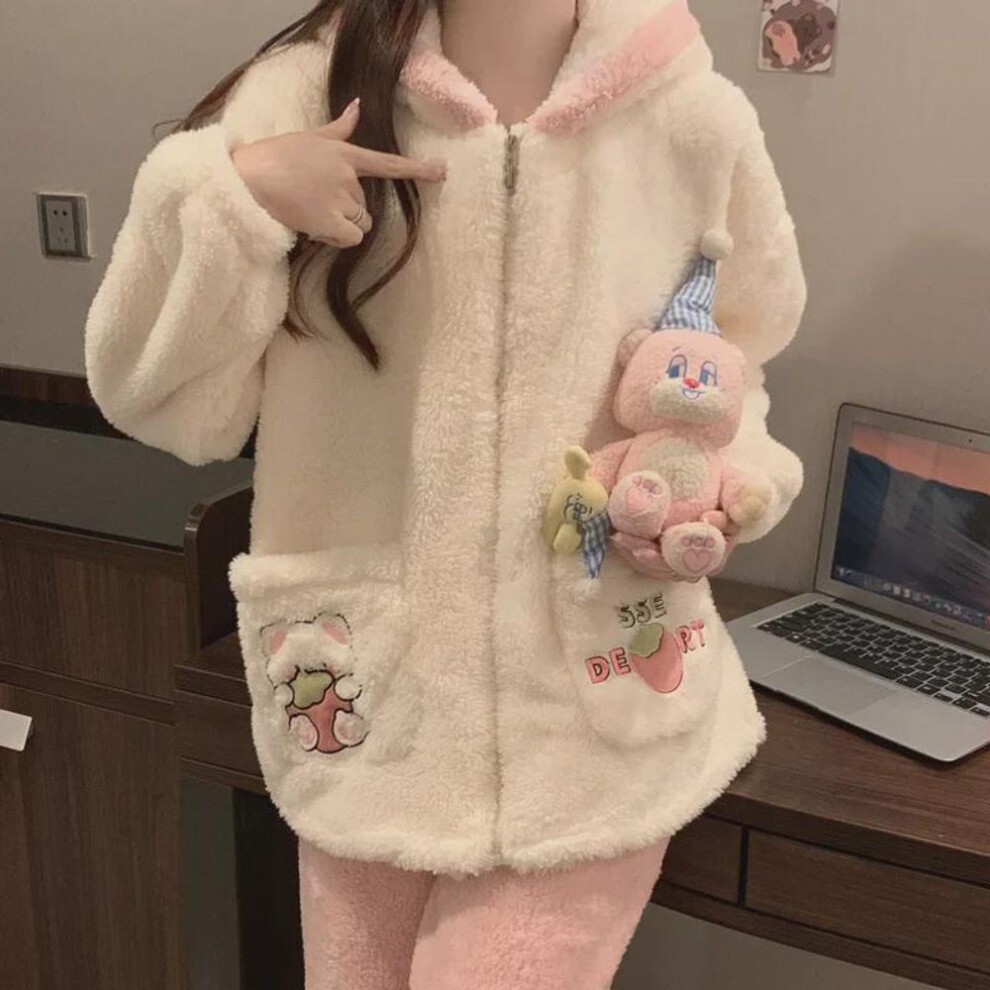 (Medium) "2024 Women's Plush Hooded Pajama Set: Cute, Thickened, and Zippered for Autumn/Winter