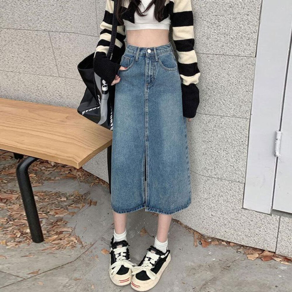 (S) High-Waist A-Line Denim Midi Skirt with Front Slit for Pear-Shaped Women