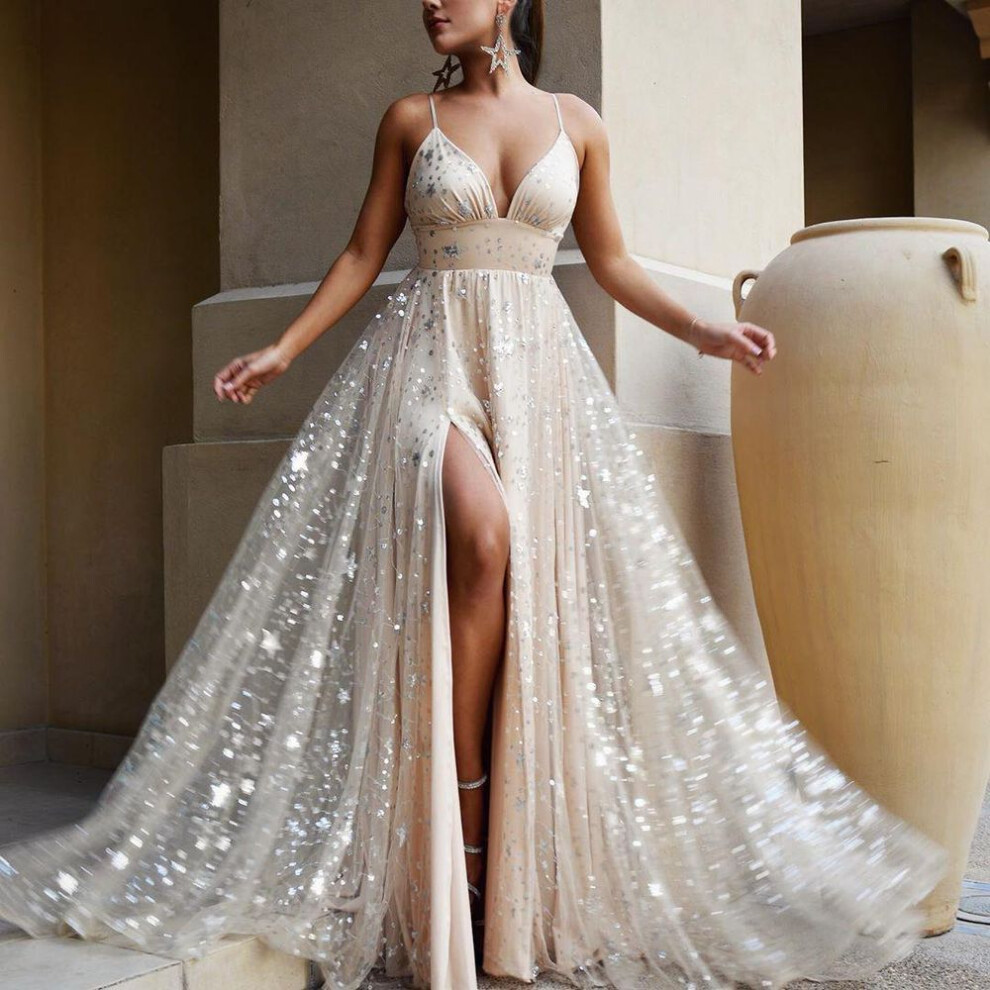 (champagne, S) "2025 Sparkling Slit Suspender Maxi Dress