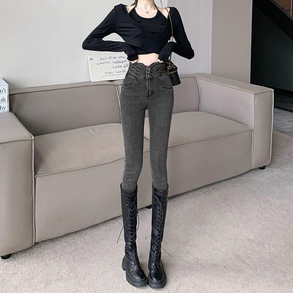 (black gray, 26) Women's Black Ultra-High Waist Button-Down Skinny Jeans with Hip-Lifting Design