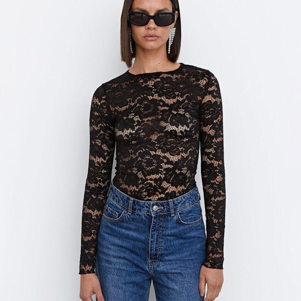 (black, Medium) "2023 European & American Sheer Black Lace Long Sleeve Slim Top for Women