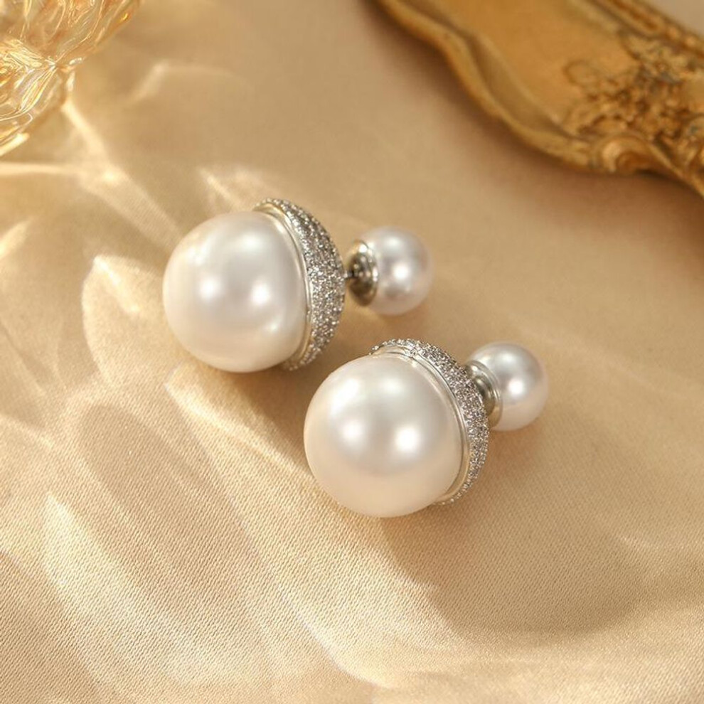 (silver, 18K) "elegant French Hepburn-style Zircon & Pearl Earrings - Luxury, Versatile, High-end Accessories