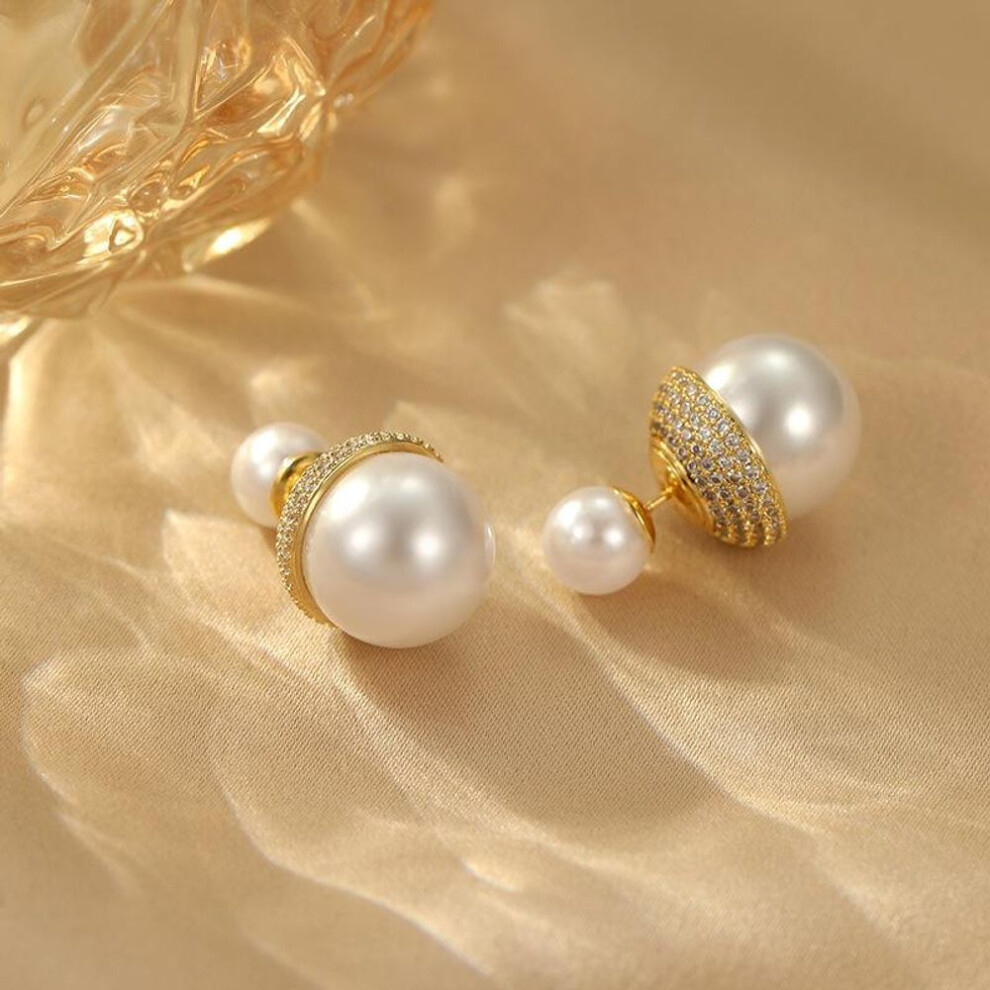 (gold, 18K) "elegant French Hepburn-style Zircon & Pearl Earrings - Luxury, Versatile, High-end Accessories