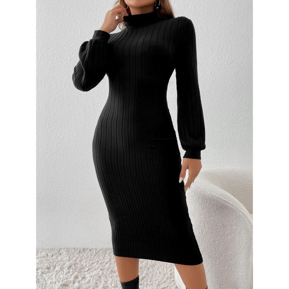 (black, M) "2024 Autumn/Winter Women's Fashion: Solid Color Ribbed High Collar Long-Sleeve Dress
