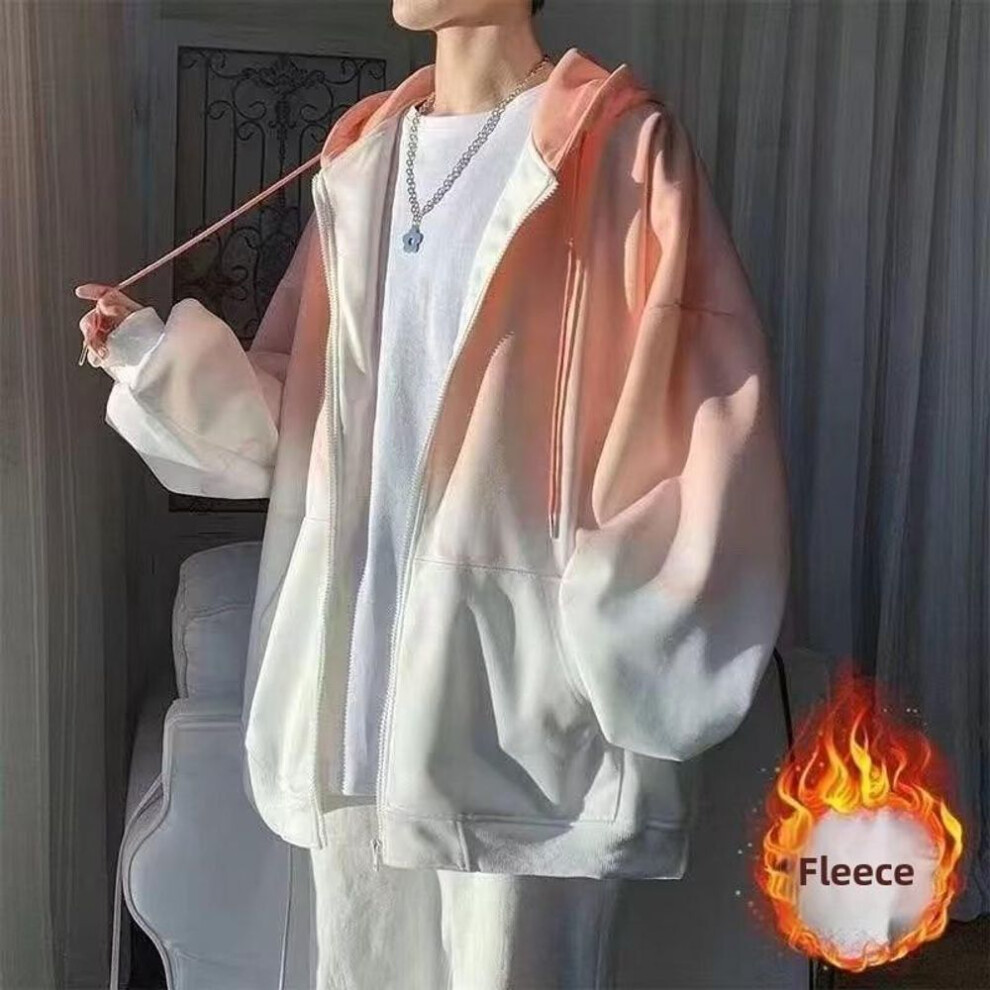 (red, Medium) Men's Korean Style Gradient Color Plush Cardigan - Loose, Lazy, Hooded Autumn/Winter Sweater for Couples.