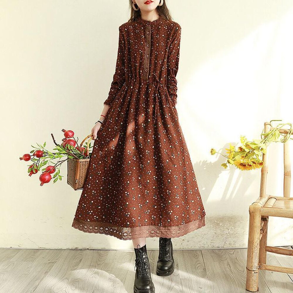 (coffee, 2XL) "2024 Autumn Retro Floral Lace-Trim Maxi Dress: Slimming, Loose Forest Style