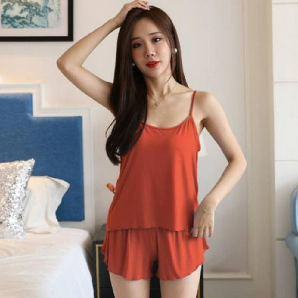 (orange, M) Women's Milk Silk Solid Color Pajama Set - Plus Size Summer Camisole Homewear