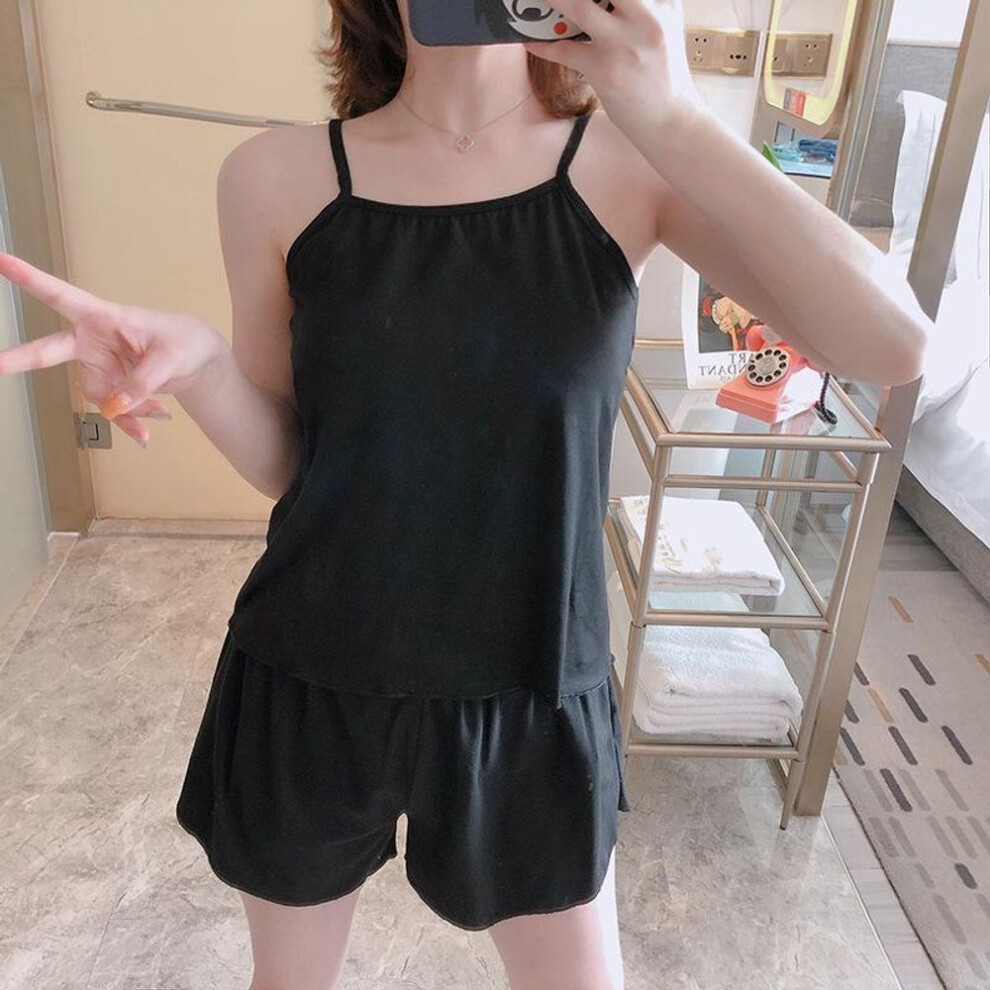 (black, XXL) Women's Milk Silk Solid Color Pajama Set - Plus Size Summer Camisole Homewear