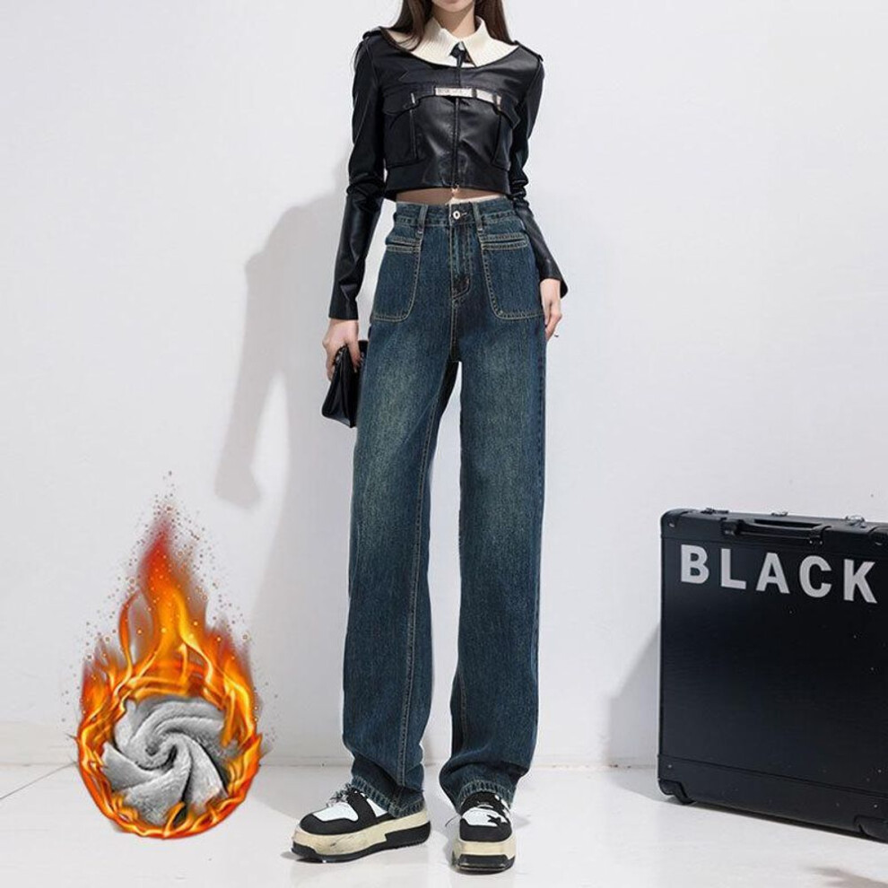 (2XL) Women's High-Waist Wide-Leg Velvet Jeans - Straight, Loose, Warm American Style Pants