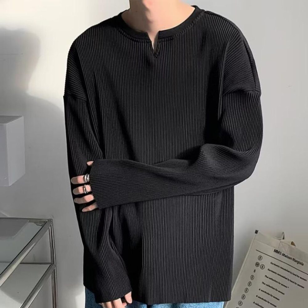 (black, XL) Men's Trendy Pleated Long Sleeve White V-Neck T-Shirt