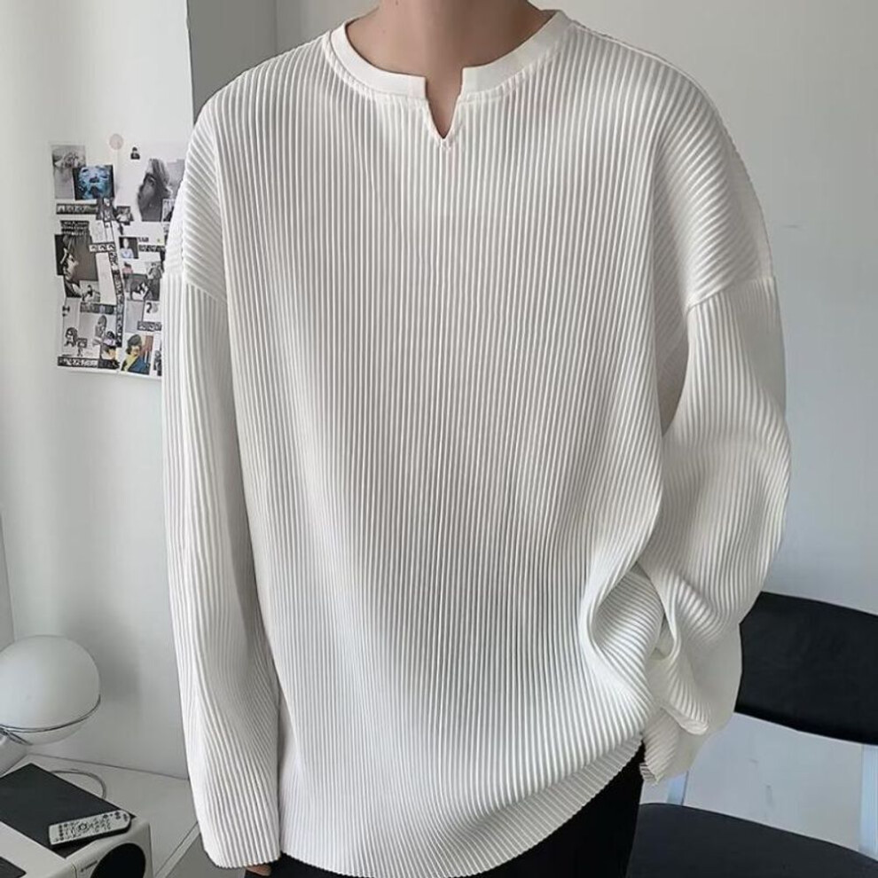 (white, M) Men's Trendy Pleated Long Sleeve White V-Neck T-Shirt