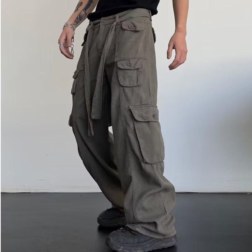 (gray, XL) Men's Retro Hip-hop Multi-pocket Overalls - Original American High Street Fashion Brand, Japanese-style Straight Casual Pants