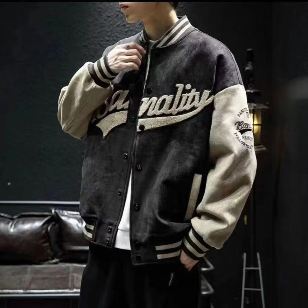 (black, Large) Men's Trendy Japanese Brand Embroidered American Baseball Jacket - Spring/Autumn Loose Fit