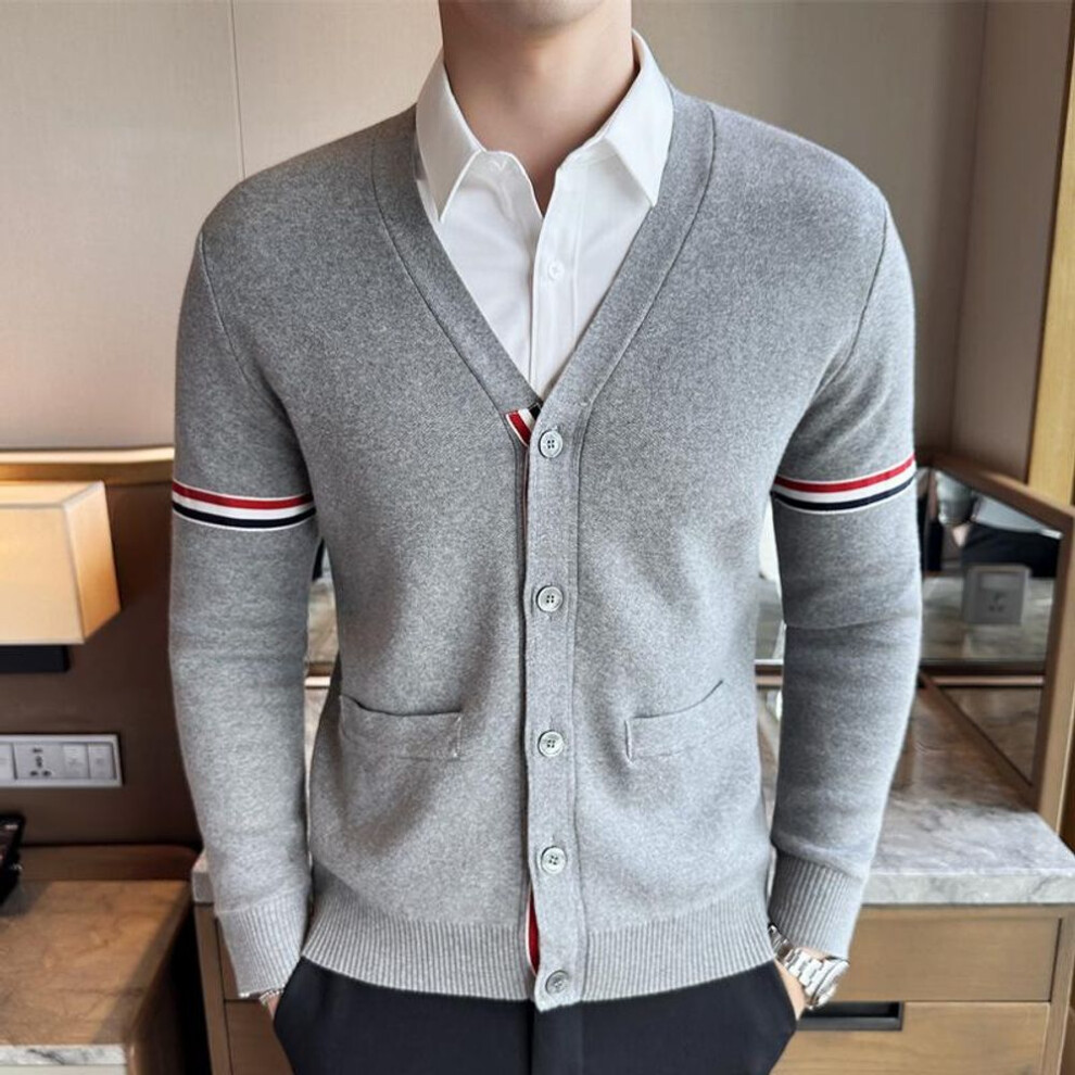 (gray, XL) Men's Trendy Tb Red, White, & Blue V-neck Grosgrain Knit Cardigan Sweater For Autumn/winter