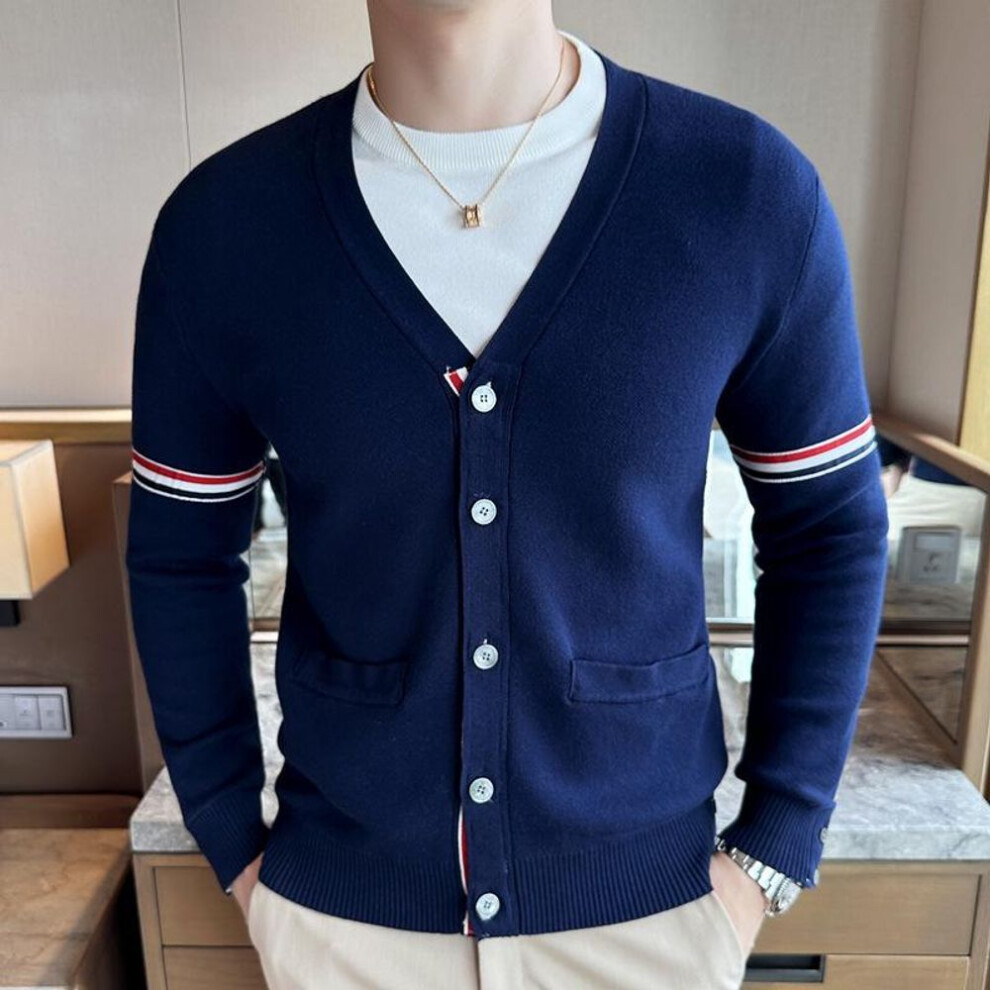 (blue, 4XL) Men's Trendy TB Red, White, & Blue V-Neck Grosgrain Knit Cardigan Sweater for Autumn/Winter