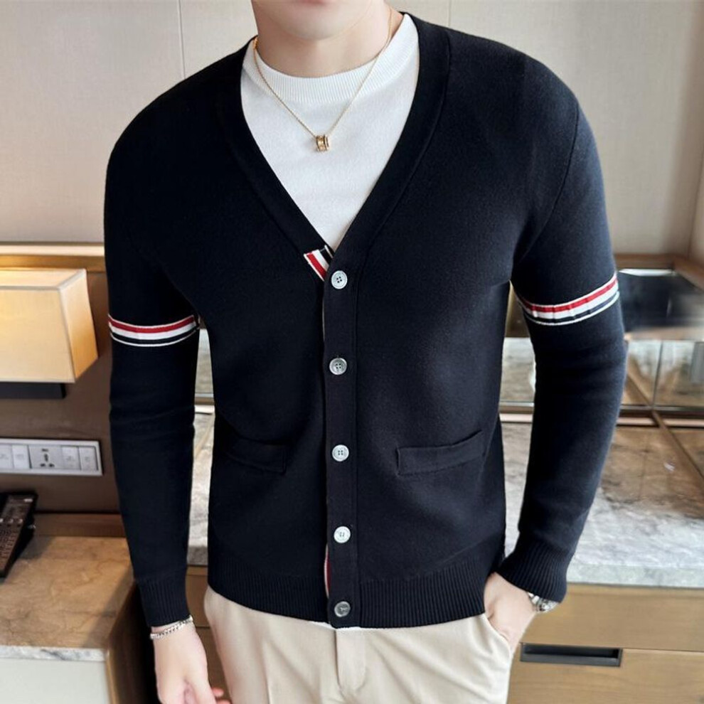 (black, 2XL) Men's Trendy TB Red, White, & Blue V-Neck Grosgrain Knit Cardigan Sweater for Autumn/Winter